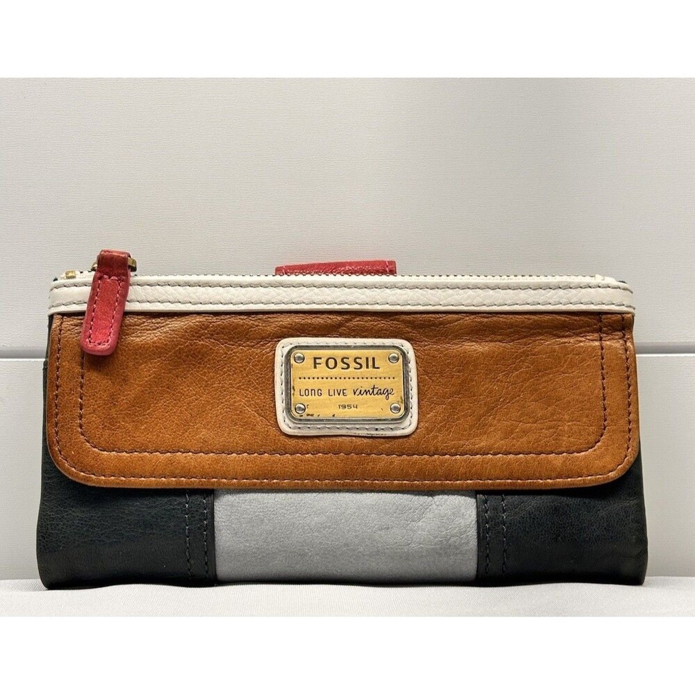 Fossil Long Live Vintage Wallet Leather Brown Blue Hot Pink Color Block 7.5x4